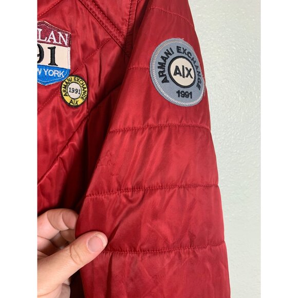 RARE Armani Exchange Quilted Coat Jacket w Patches Red Winter Womens Size Medium - Picture 4 of 9